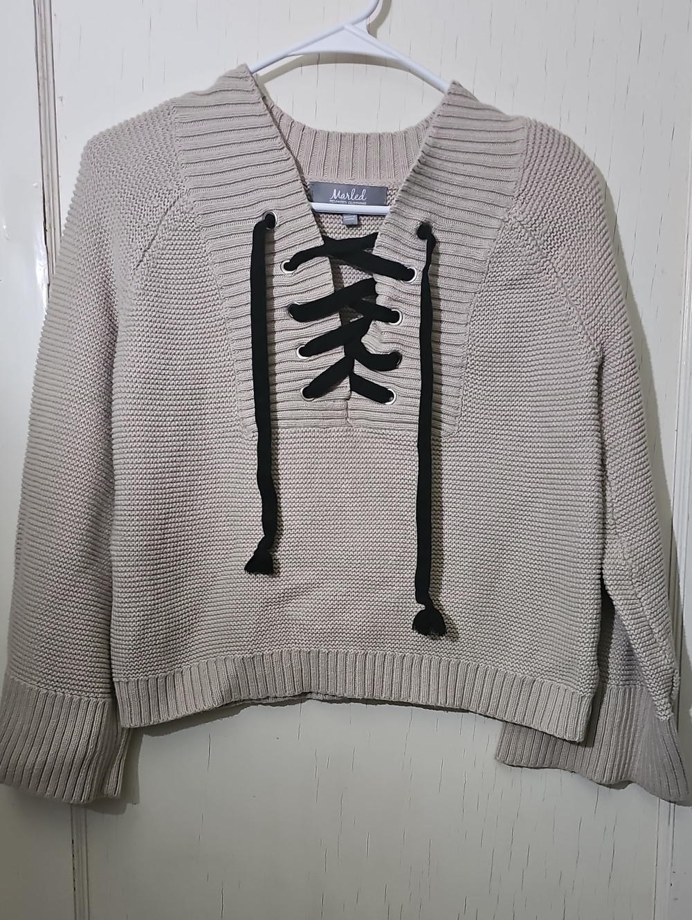 Marled Beige V-Neck Lace-Up Knit Sweater with Black Ties